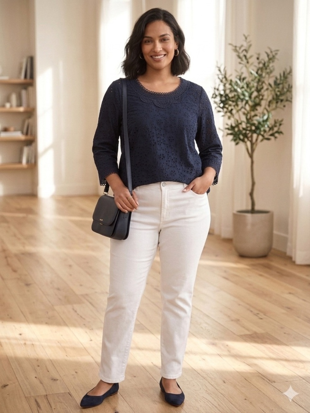 Karl Lagerfeld Paris Navy Large Eyelet Lace Trim Blouse